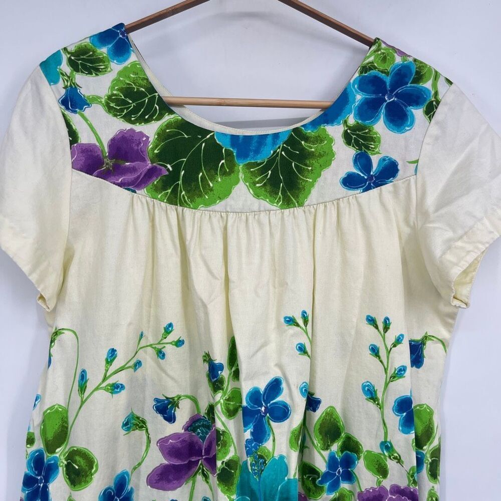 Vtg 60s Hawaii UI MAIKAI Hawaiian Floral Cotton Polynesian Party Caftan DRESS Sz - Picture 2 of 8